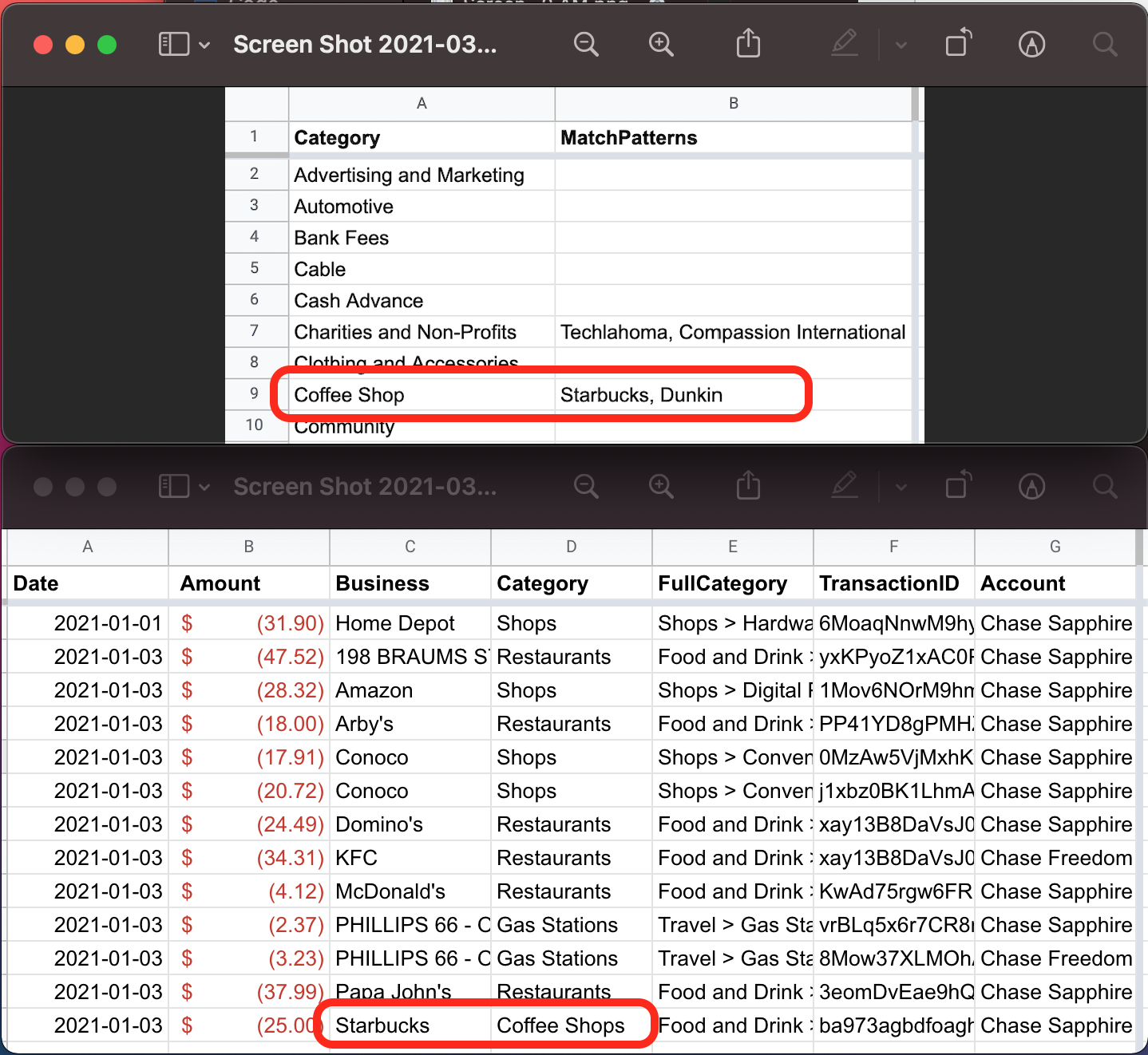 User-Specified Transaction Category Matching