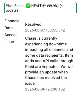 Plaid Bank Status Description
