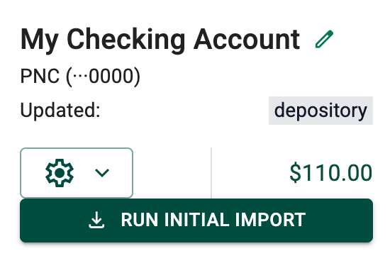 Run Initial Import button on account card