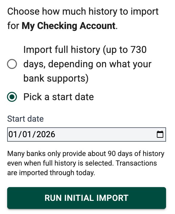 Initial Import options screen